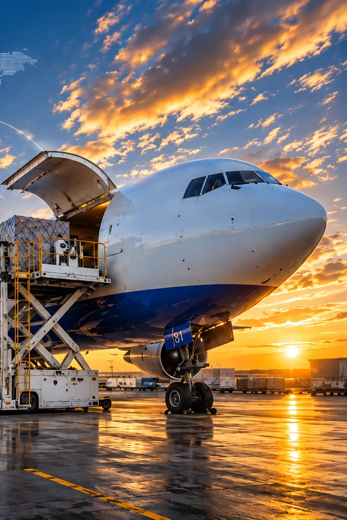Cargo aircraft being loaded at sunset