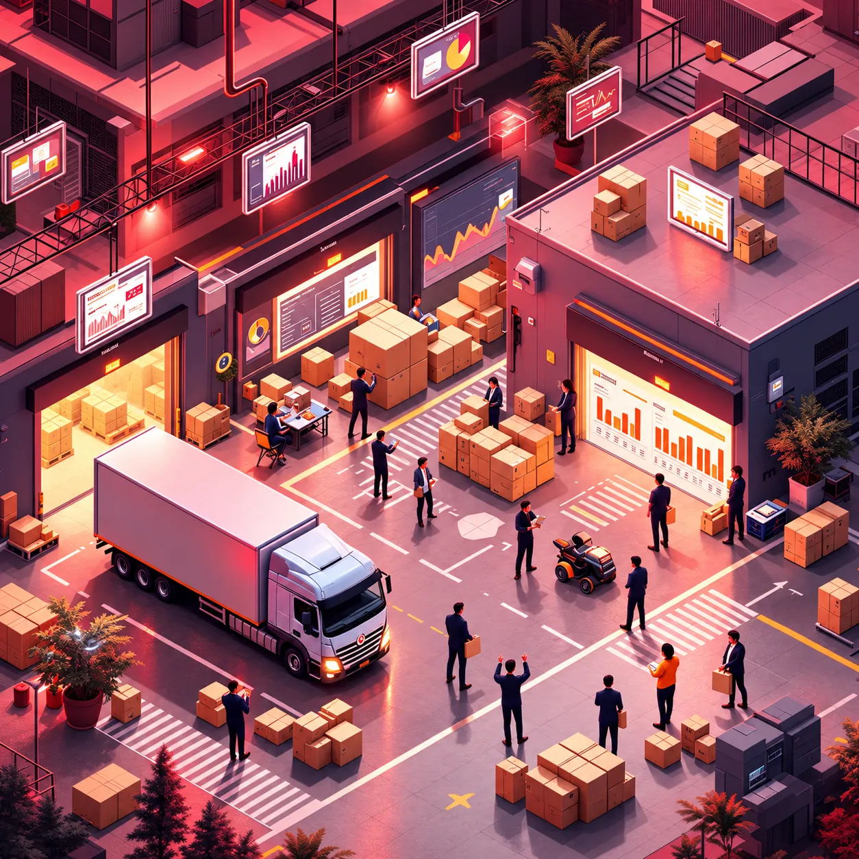 Isometric illustration of a logistics warehouse and delivery truck