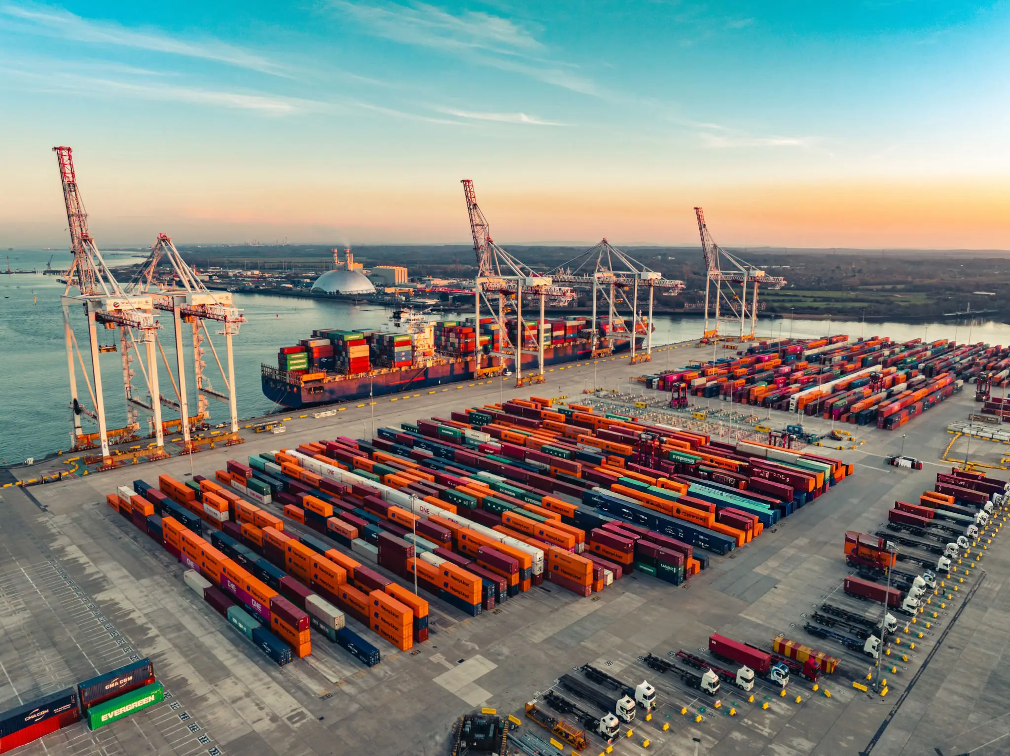 Aerial view of a container terminal at sunset