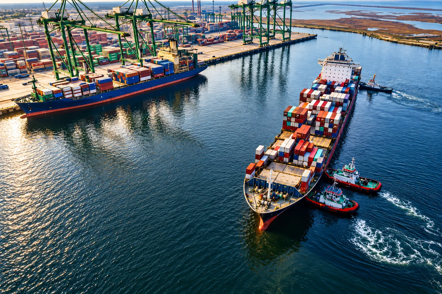 Aerial view of container ships being loaded at port