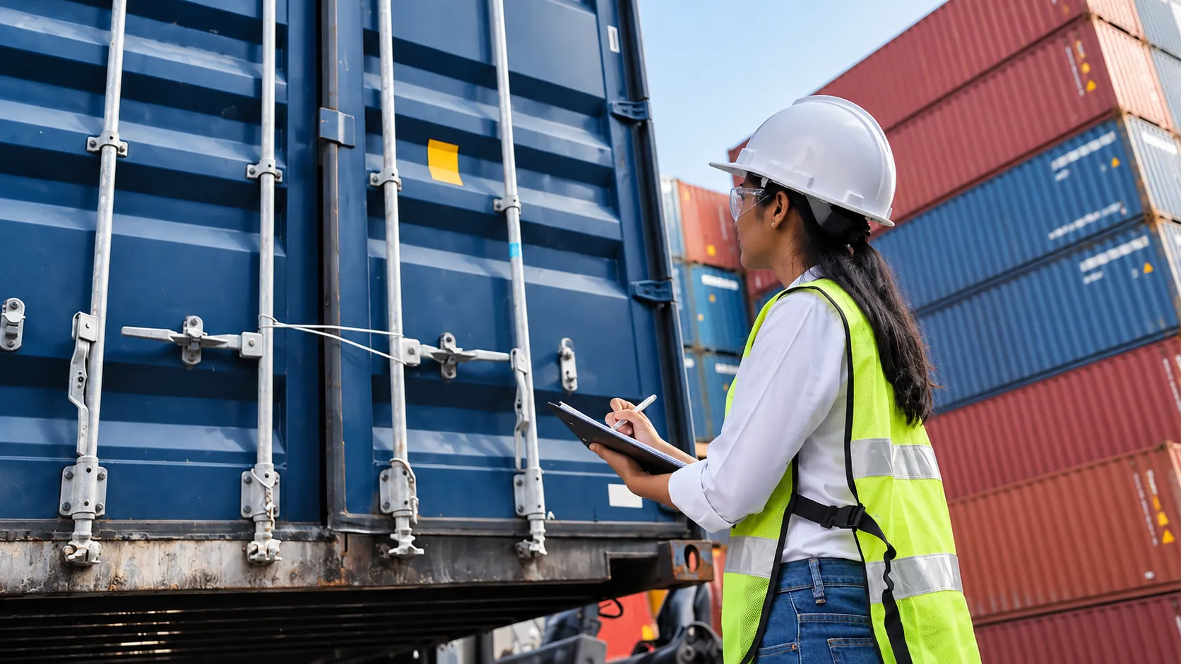 Worker inspecting a shipping container